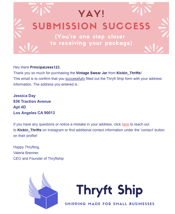 Thryft Ship Email Confirmation example