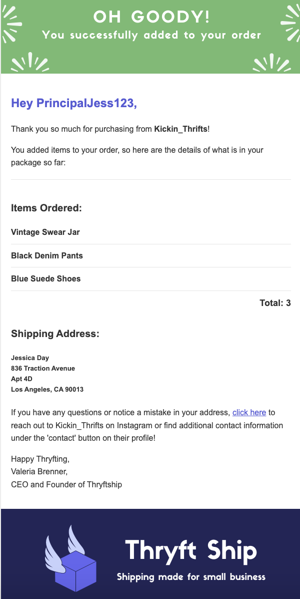 Thryft Ship added to order email