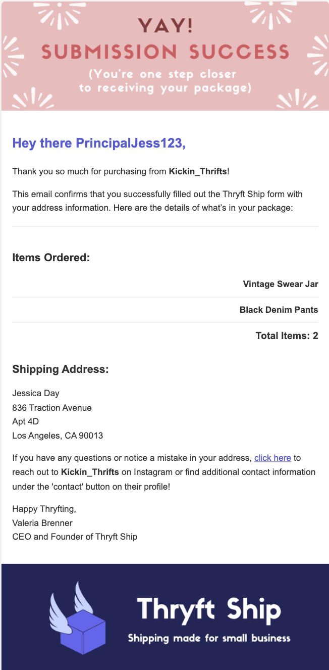 Thryft Ship order confirmation email