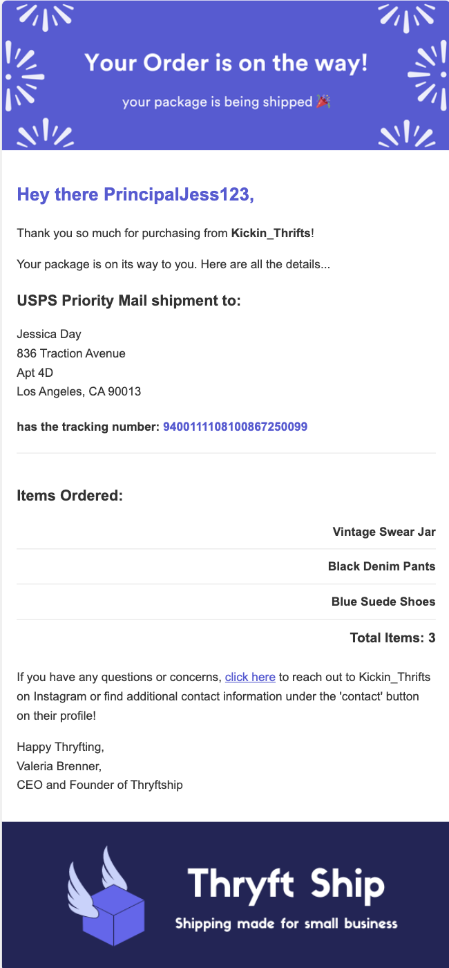Thryft Ship tracking email