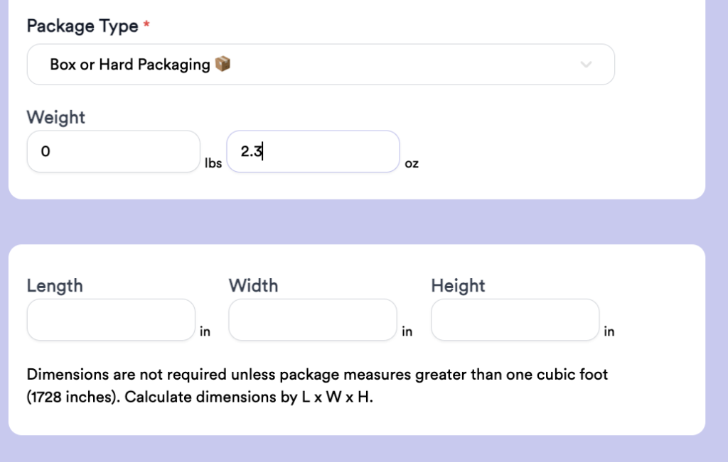 How to enter package weight and dimensions