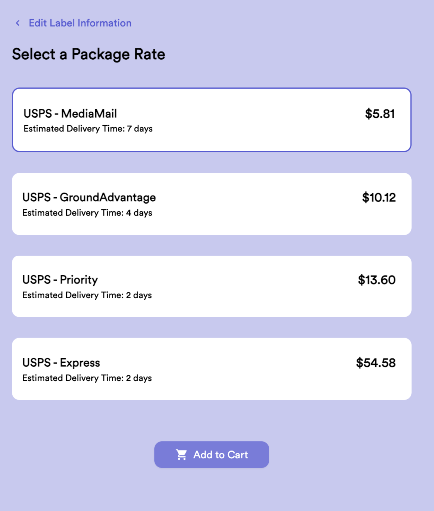 USPS rate selection screen on thryft ship