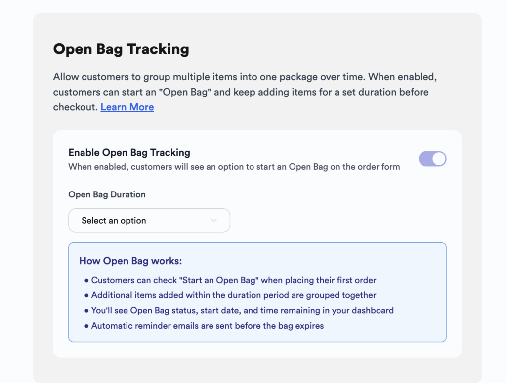 Open Bag setting