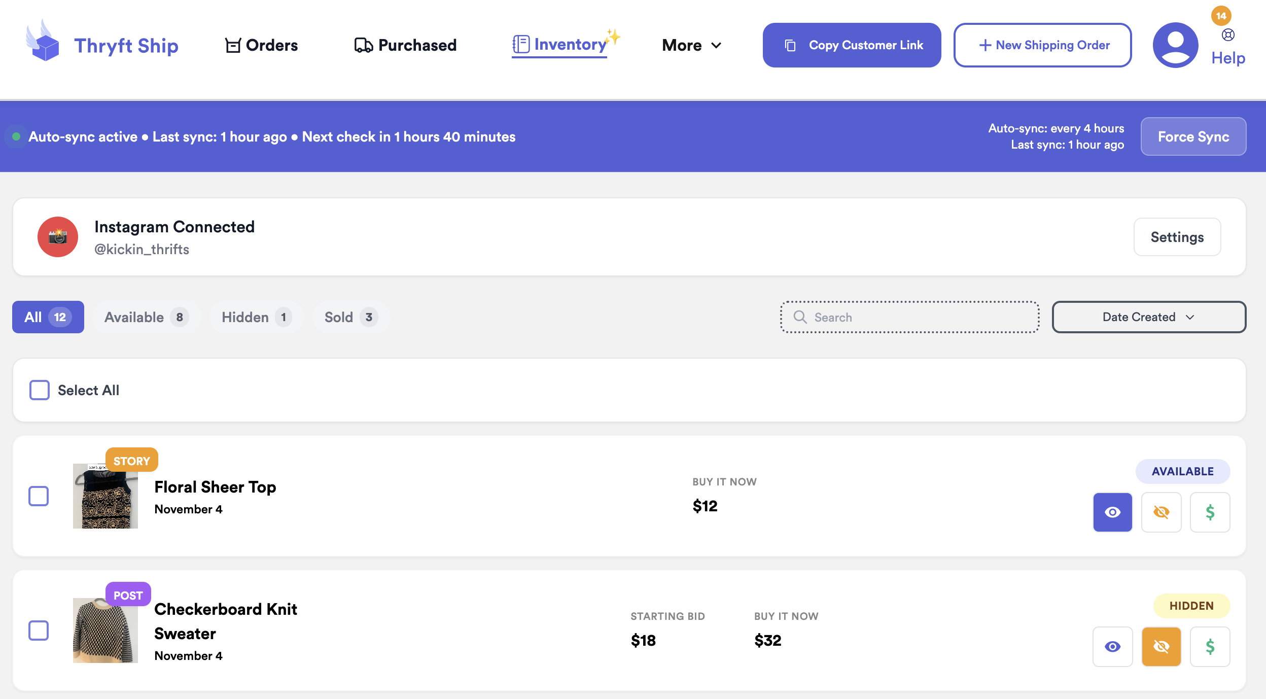 Thryft Ship inventory page with imported inventory items