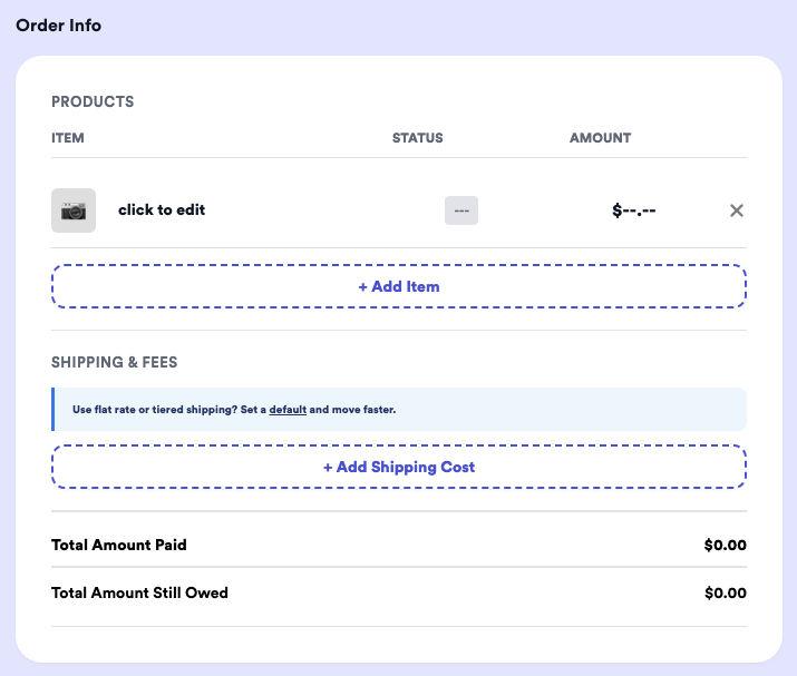 Thryft Ship order info section showing where you can add shipping cost