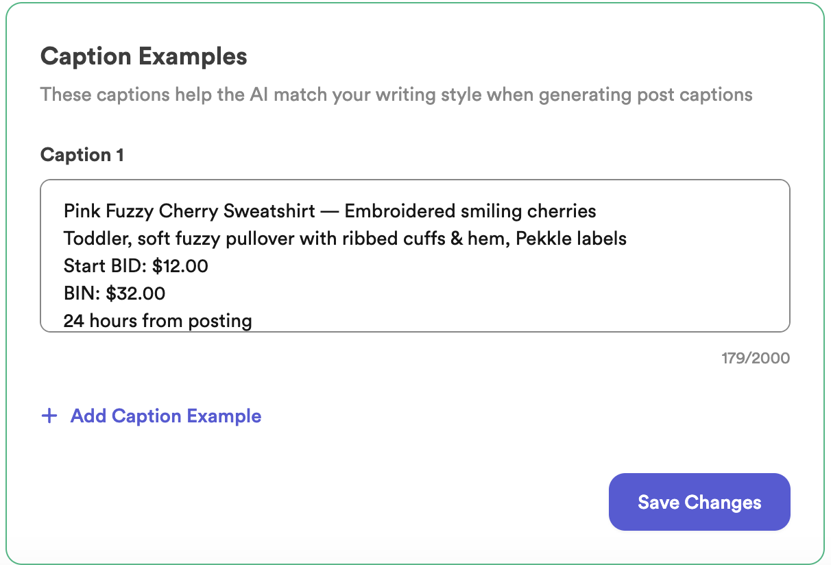 Caption examples in Thryft Ship settings