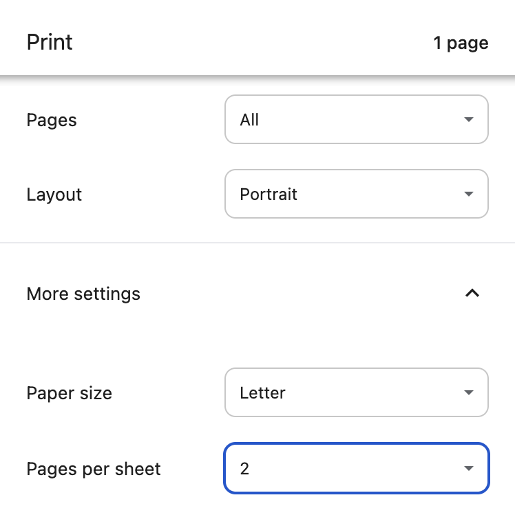 Pages per sheet set to 2 in Chrome print settings