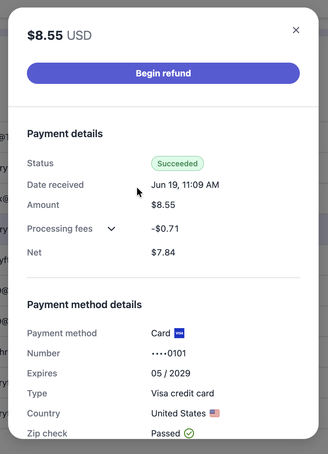 The customer payment screen in Thryft Ship showing the Begin refund button
