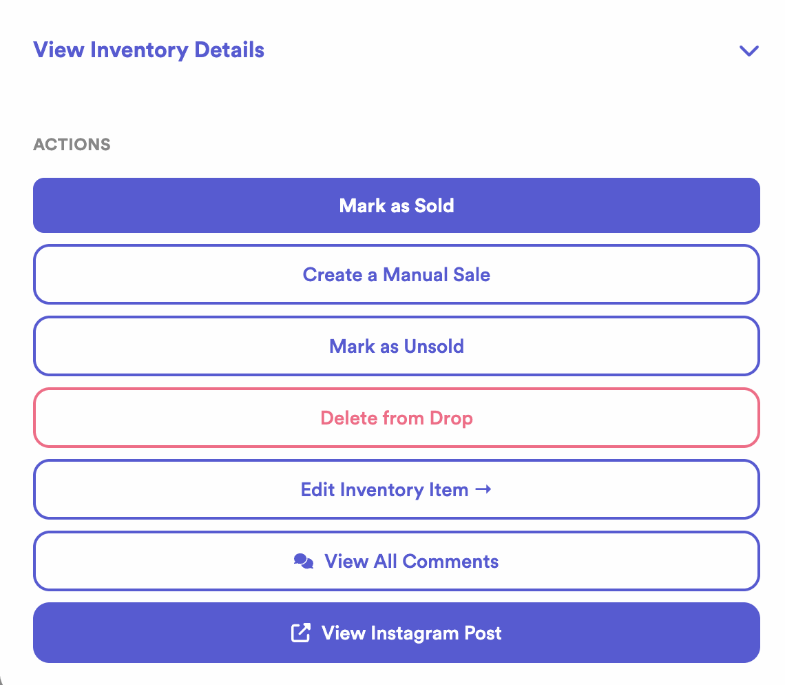 The actions menu on an active Sales Assistant item, including View All Comments