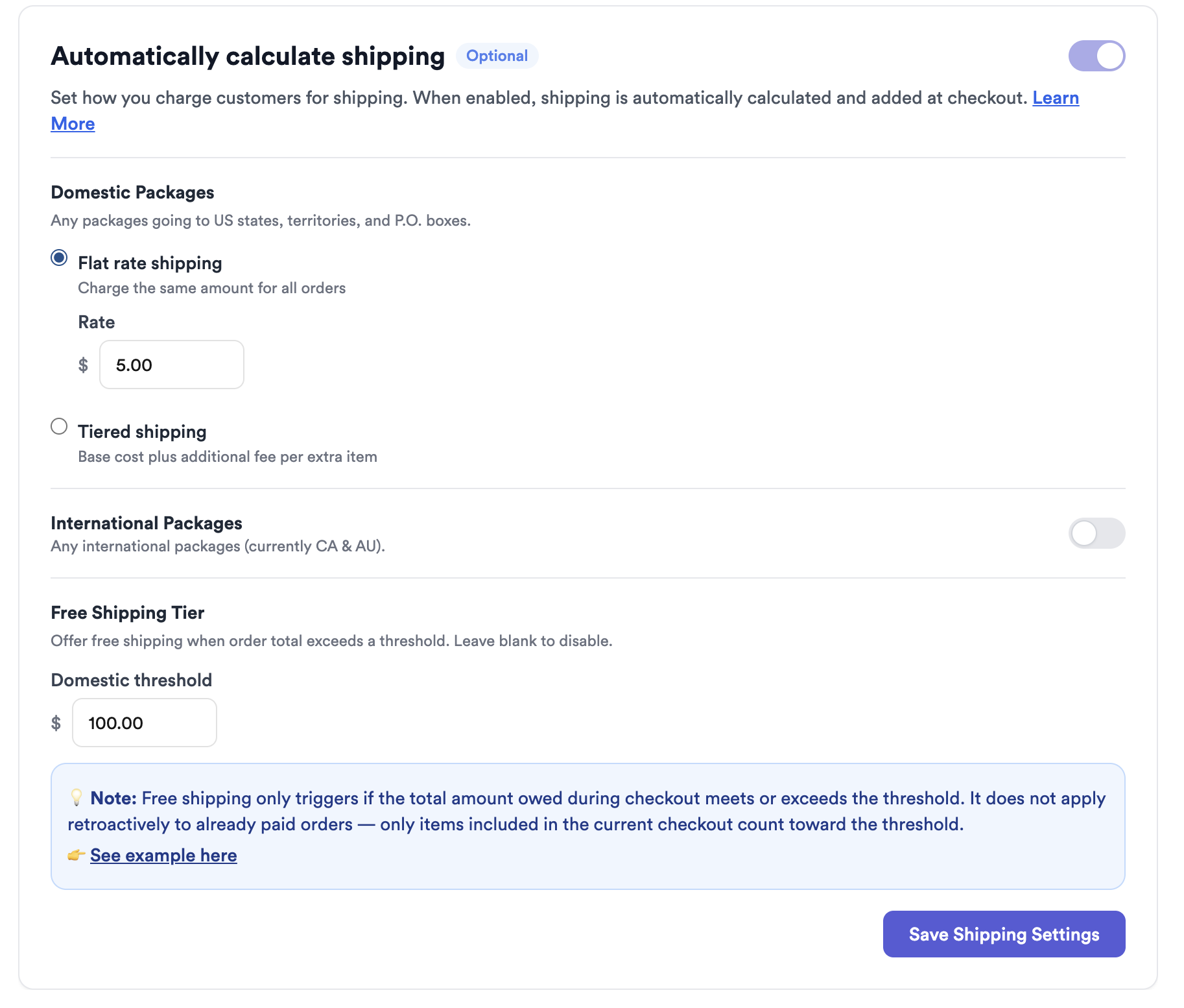 The automatic shipping calculation setting on the Thryft Ship Accept Payments page