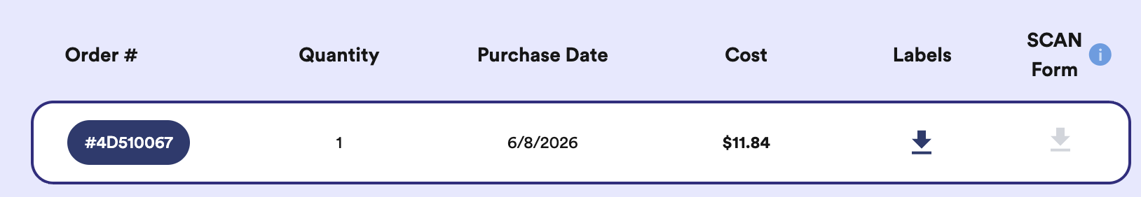 A purchased order row on Thryft Ship with the Labels download arrow for the shipping label PDF