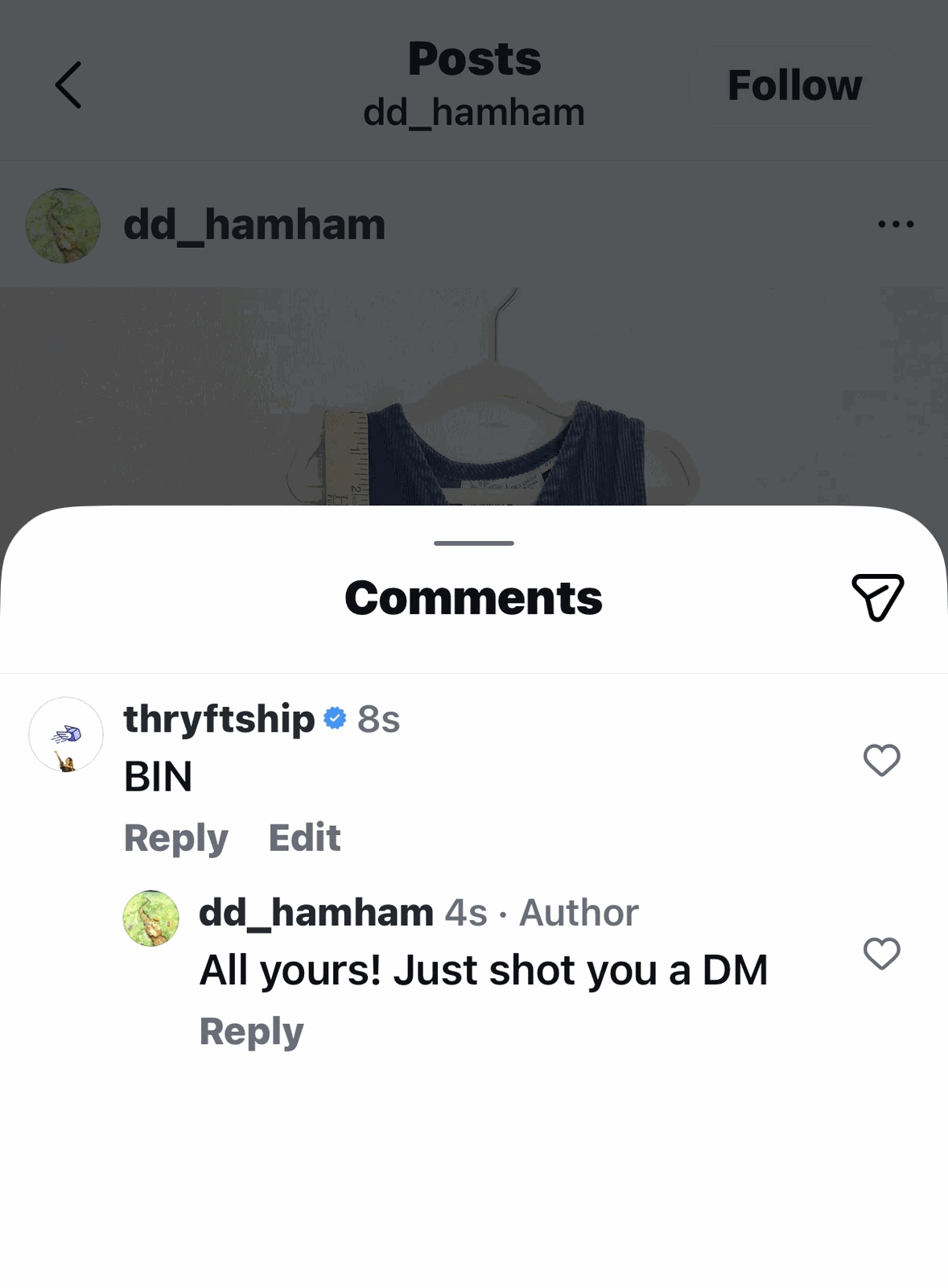 Instagram bid comments on a Thryft Ship drop with assistant replies