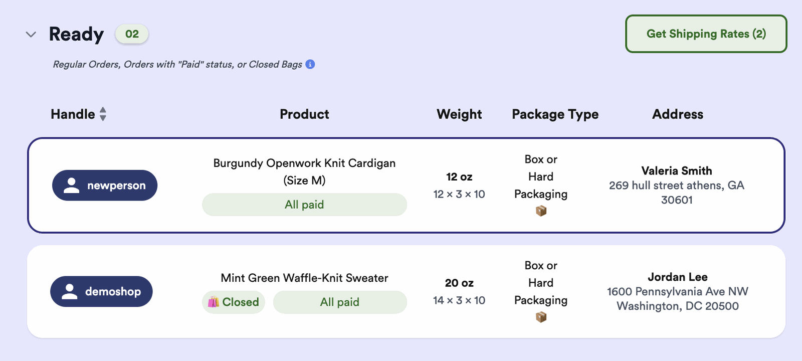 The Get Shipping Rates button in the Ready section of the Thryft Ship orders page