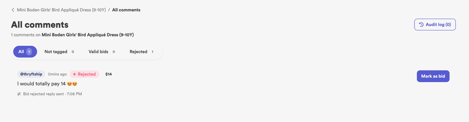 Manually marking a comment as an accepted bid in the Sales Assistant