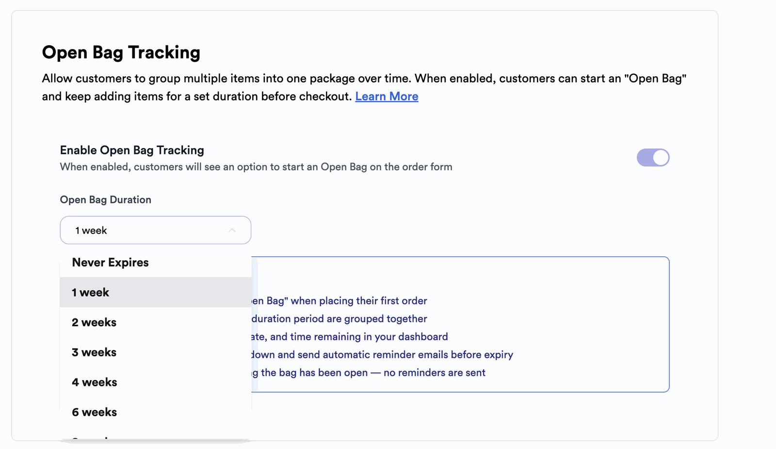 Open Bag Tracking setting on Thryft Ship with the Enable toggle and Open Bag Duration dropdown