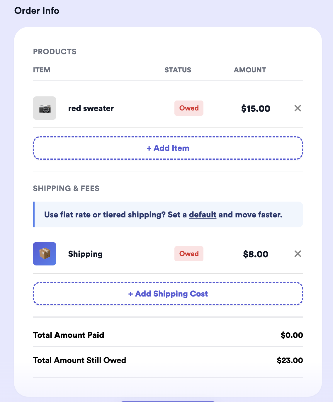 A Thryft Ship order with a shipping cost manually added to the shipping line item