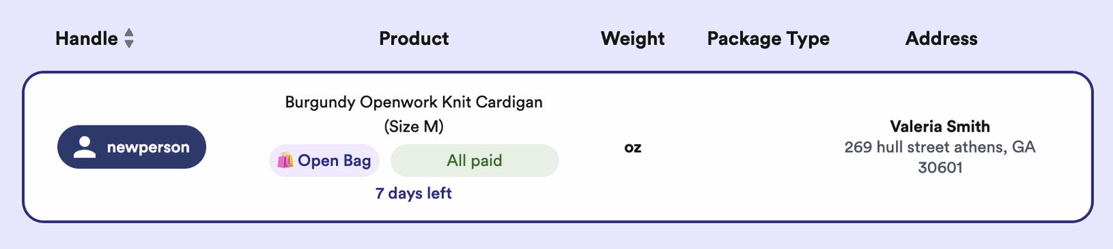 A Thryft Ship order marked with the Open Bag badge and days remaining