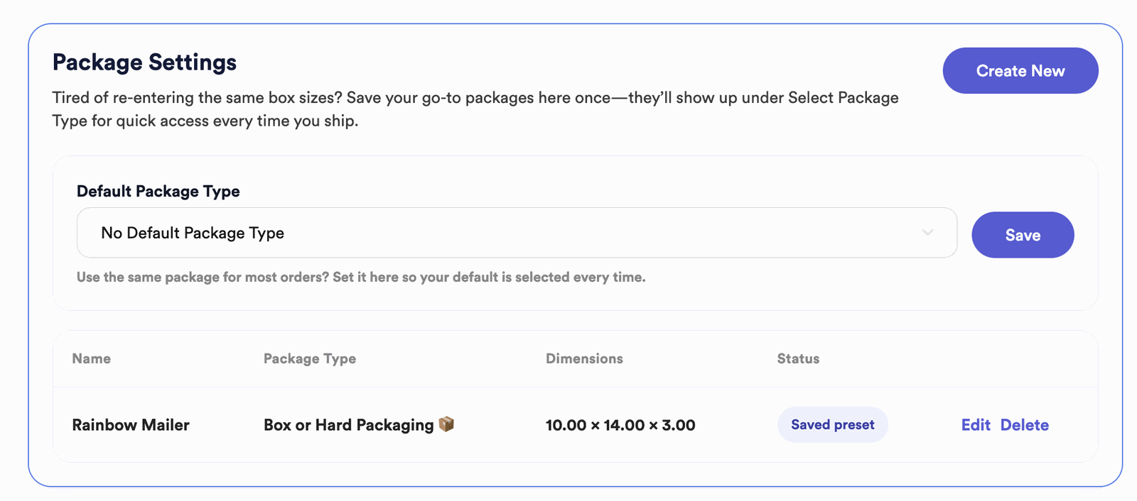 Package settings on the Thryft Ship shipping settings page, showing the default package type and custom package types