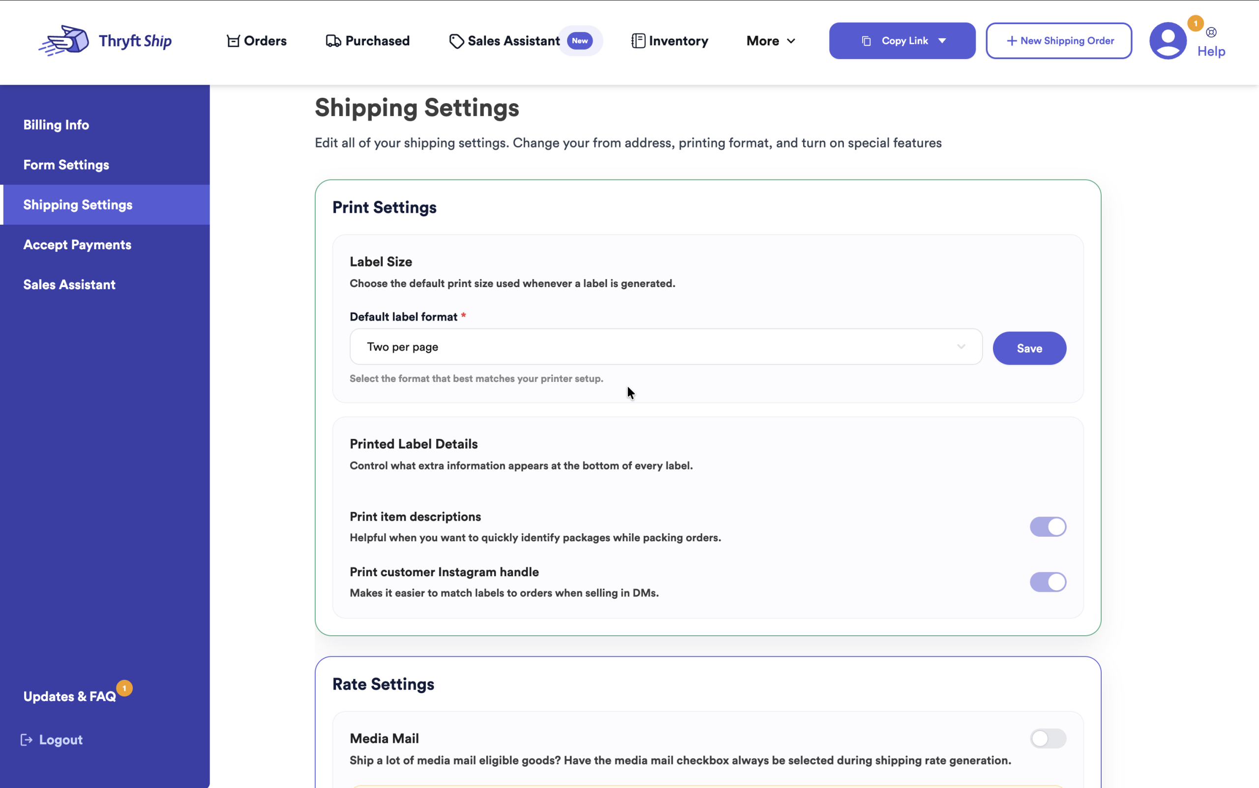 Thryft Ship Shipping Settings page showing Print Settings with the Default label format set to Two per page
