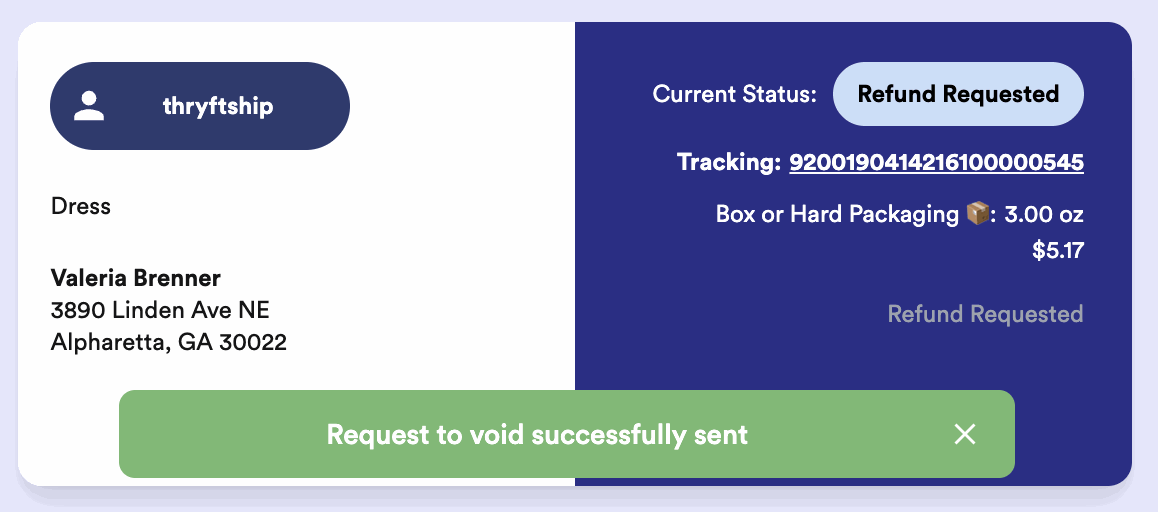 A Thryft Ship shipping label showing refund requested status