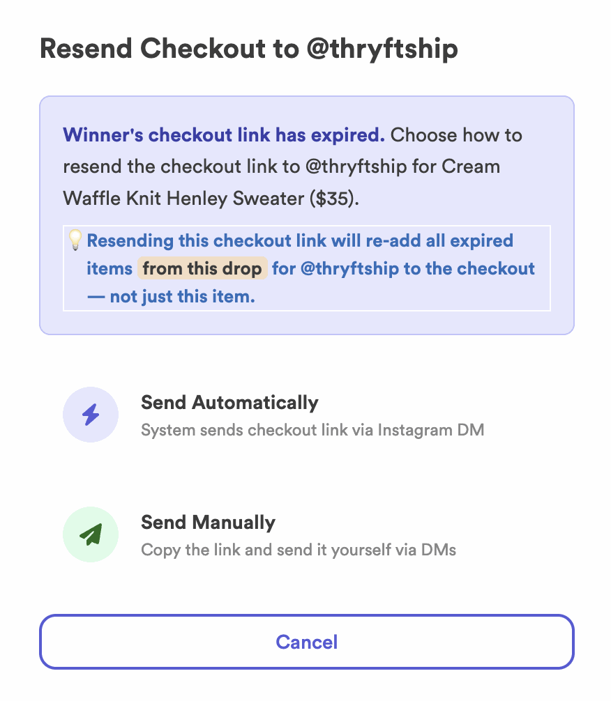 The Resend Checkout options: send automatically or send manually