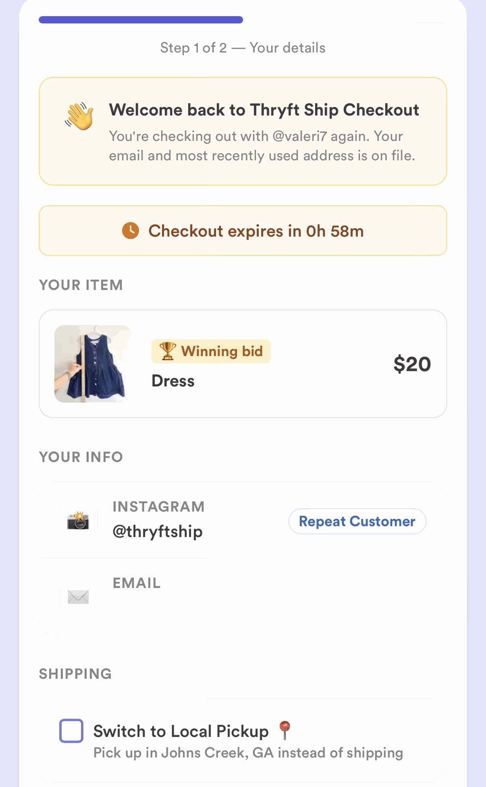 A customer checkout page for a won Sales Assistant item