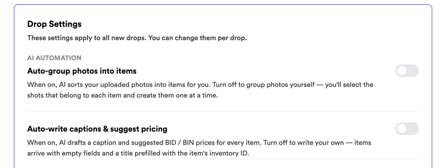 Drop Settings AI Automation toggles: auto-group photos and auto-write captions