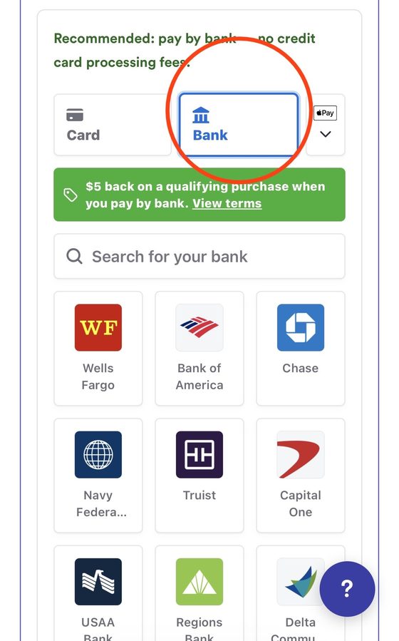 Payment selector with a Bank option next to Card, showing Pay by Bank is available