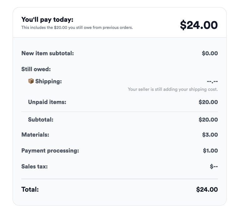 Customer checkout form after paying for items, with shipping still pending while the seller adds the cost