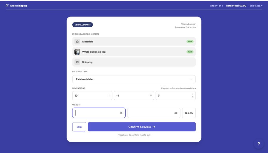 Exact Shipping mode: enter the package and weight for each order