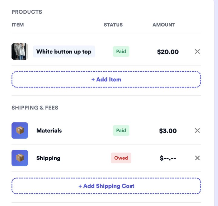 Order with items paid and materials paid, showing a blank Owed shipping line placeholder