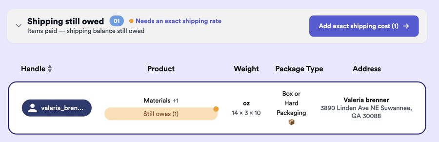 Shipping still owed section with an Add exact shipping cost button