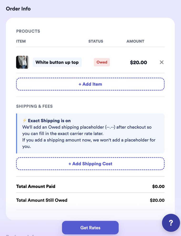 Order Info while creating the order, with an Exact Shipping is on note explaining a shipping placeholder is added after checkout