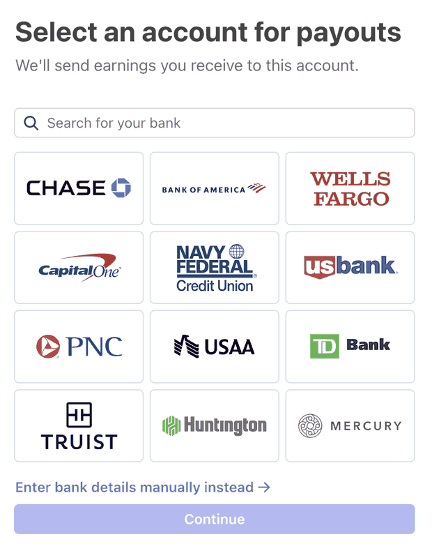The Select an account for payouts screen with an Enter bank details manually instead link below the bank list
