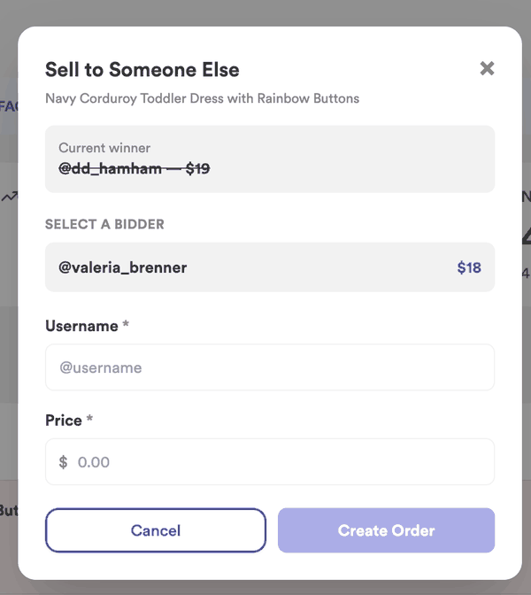 The Sell to Someone Else window with the current winner crossed out, a Select a Bidder option, username and price fields, and a Create Order button