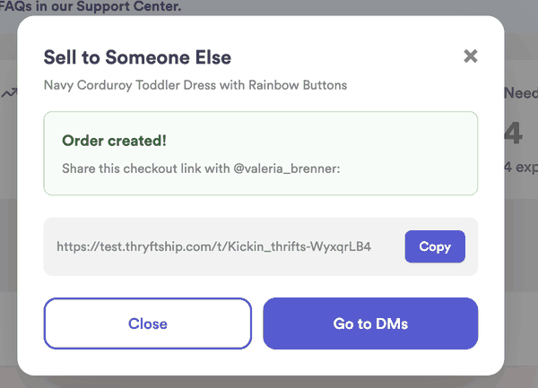 Order created confirmation with a checkout link to copy and a Go to DMs button