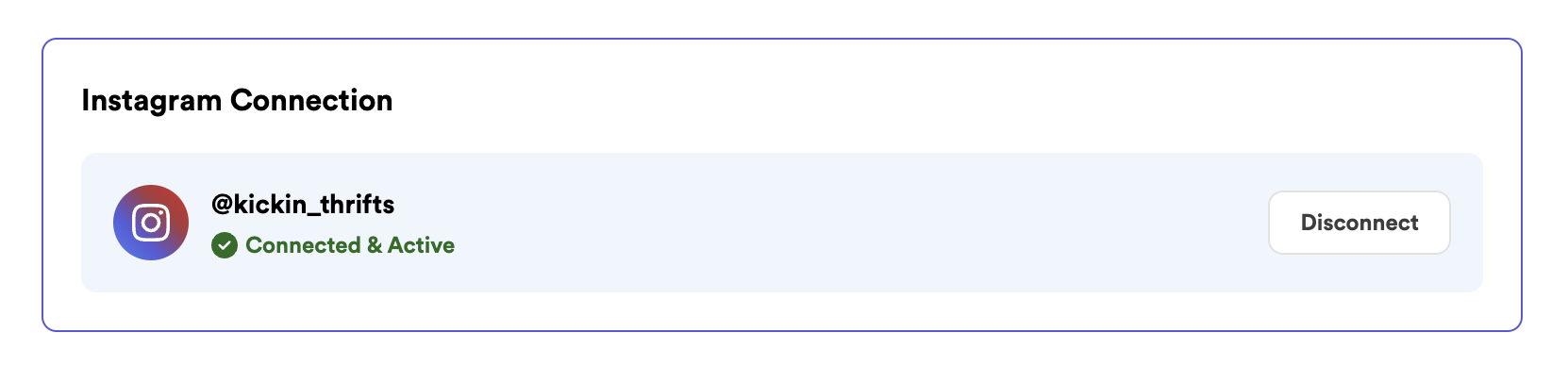 Instagram Connection showing Connected and Active