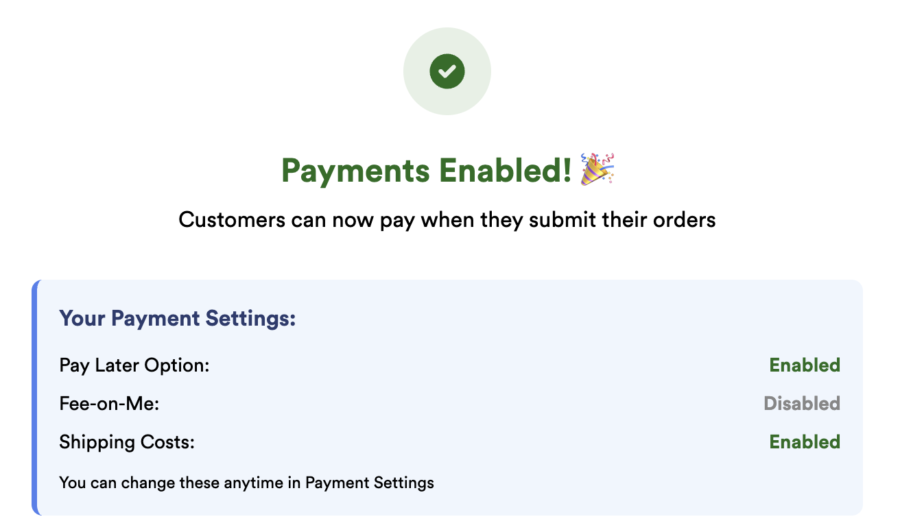 Accept Payments page showing Payments Enabled