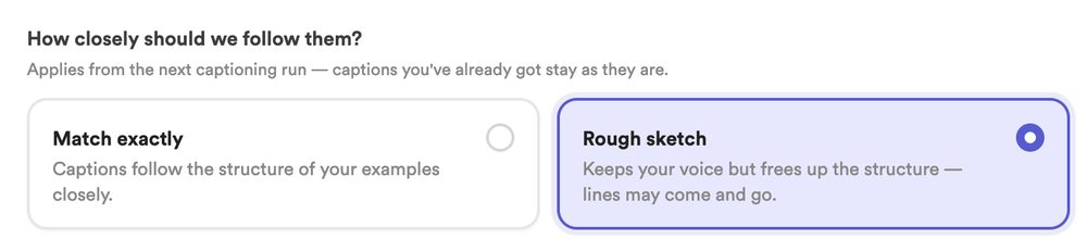 Caption Examples settings with the mode selector
