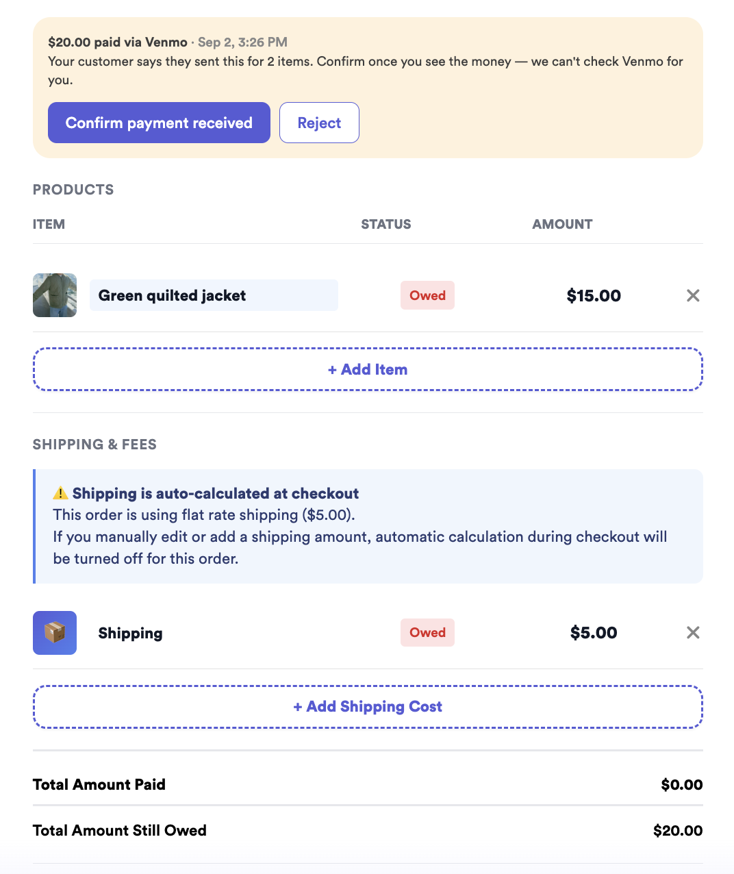 Order Info with a Venmo confirmation card at the top reading $20.00 paid via Venmo, Confirm payment received or Reject. Below, the jacket and shipping both show Owed, total paid $0.00.