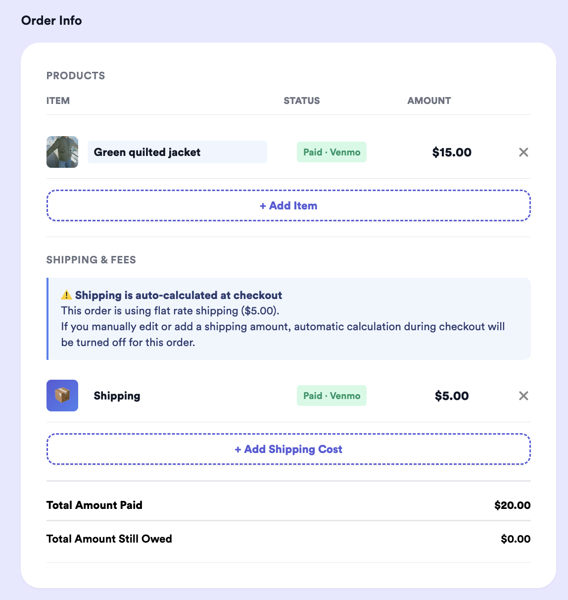 The same order after confirming: the jacket and shipping both show a green Paid via Venmo badge, total amount paid $20.00, still owed $0.00.